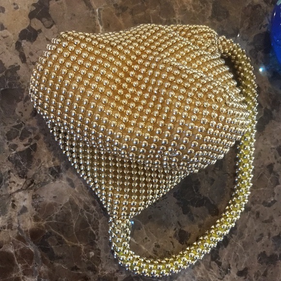 Gold Bead Mesh Sparkle Evening Bag Party Pouch Wristlet - Picture 6 of 12
